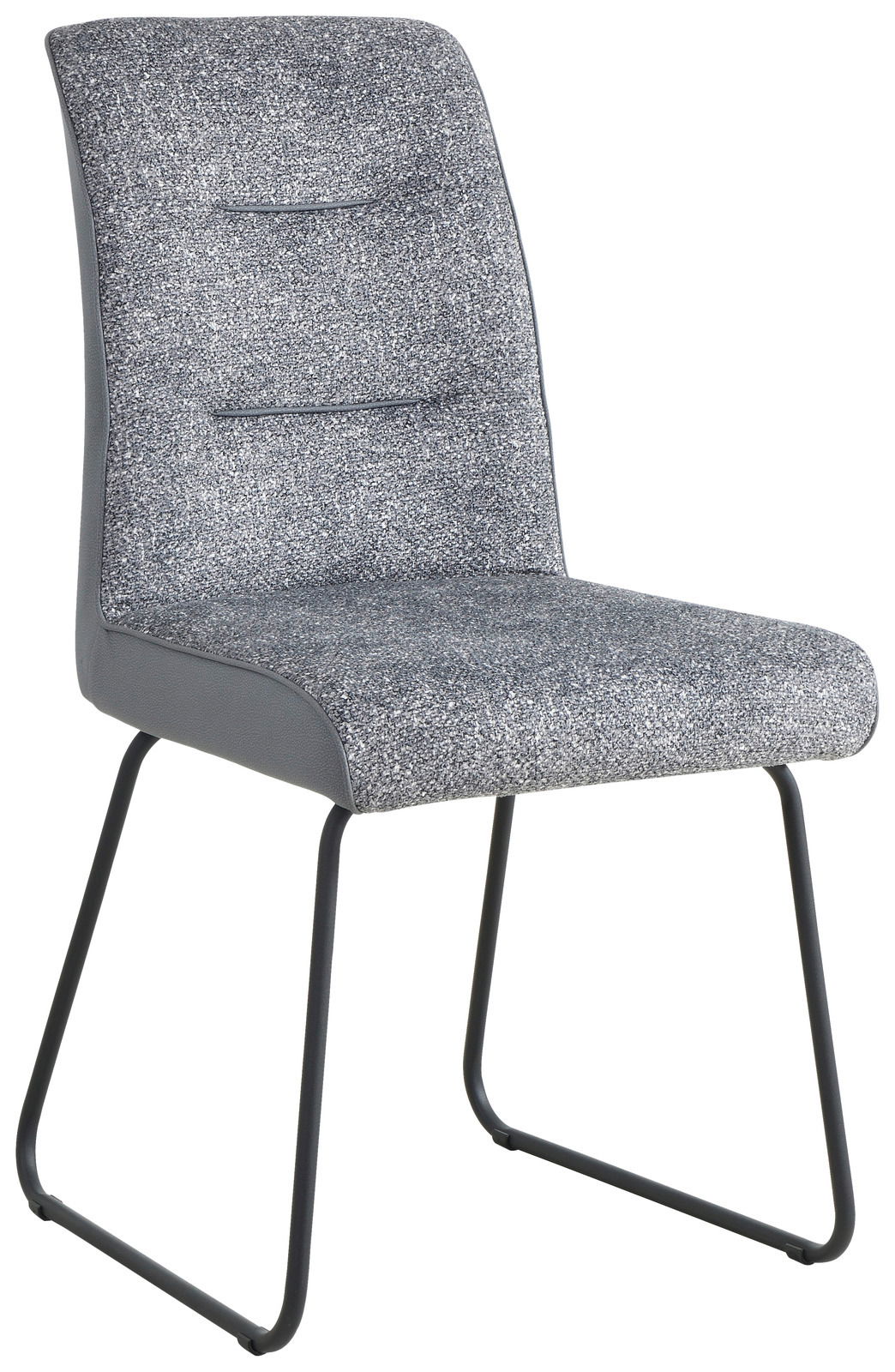 Moderner Kufenstuhl mit grauem Stoffbezug und schwarzem Metallgestell, seitliche Perspektive
