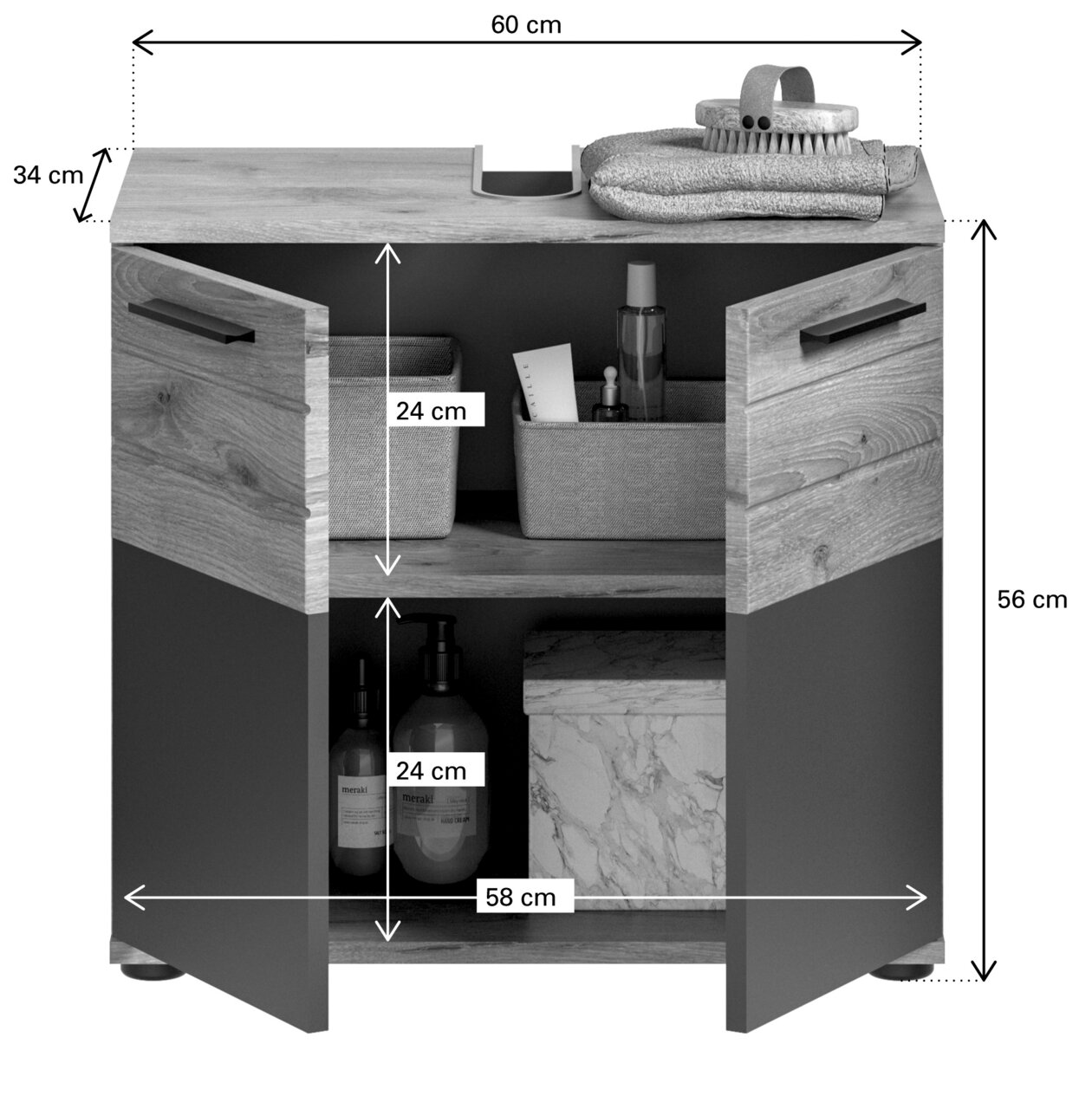 Badezimmerschrank mit offenen Türen, zeigt Innenfächer mit Aufbewahrungsboxen und Flaschen, aus Holz mit modernen Griffen, Frontansicht.