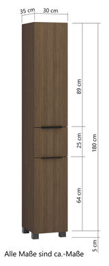 Hochschrank in Holzoptik mit zwei Türen, Maße: 180 cm hoch, 35 cm breit, 30 cm tief, Frontansicht.