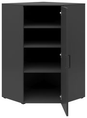 Eckkommode in dunkler Farbe mit geöffneter Tür, zeigt drei Regalböden, Perspektive von vorne