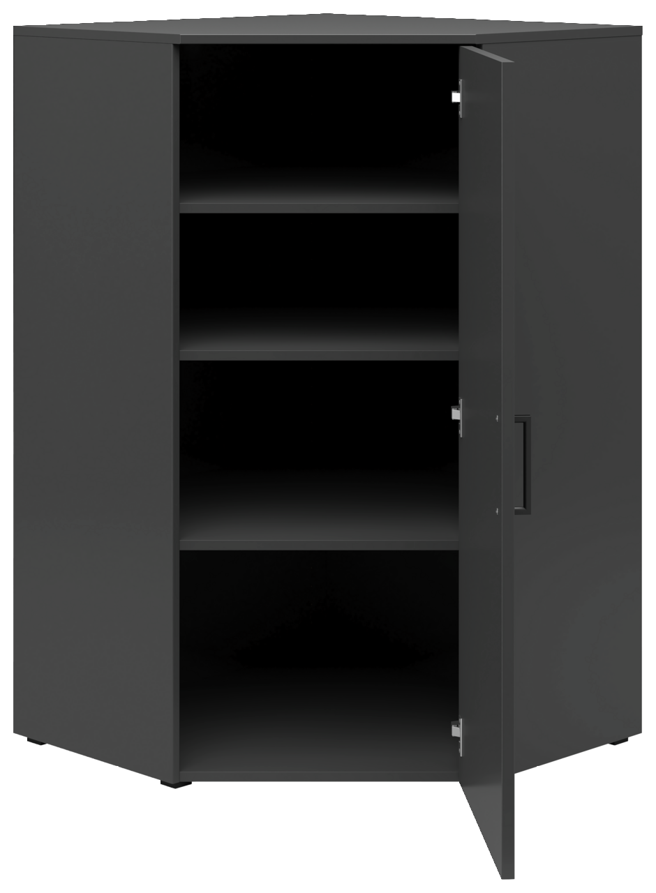 Eckkommode in dunkler Farbe mit geöffneter Tür, zeigt drei Regalböden, Perspektive von vorne