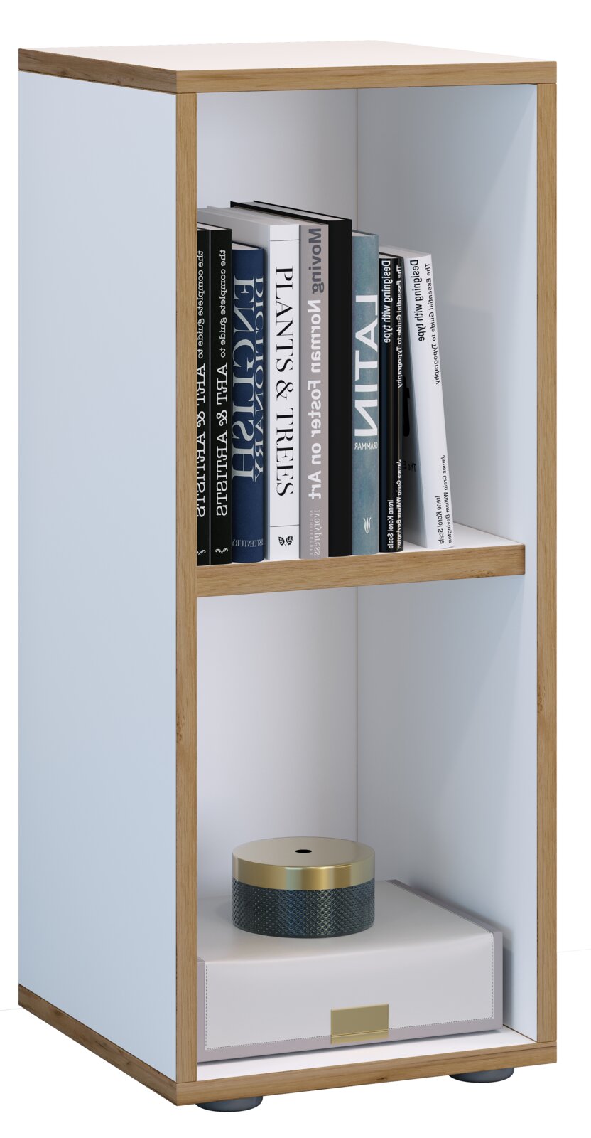 Modernes, schmales Regal mit Holzrahmen und weißen Flächen, zweigeteilt: oben Bücher, unten Dekobox und kleines rundes Dekoobjekt; gezeigt in leichter Front-/Seitenansicht (3/4-Perspektive).