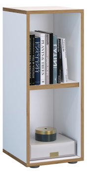 Modernes, schmales Regal mit Holzrahmen und weißen Flächen, zweigeteilt: oben Bücher, unten Dekobox und kleines rundes Dekoobjekt; gezeigt in leichter Front-/Seitenansicht (3/4-Perspektive).
