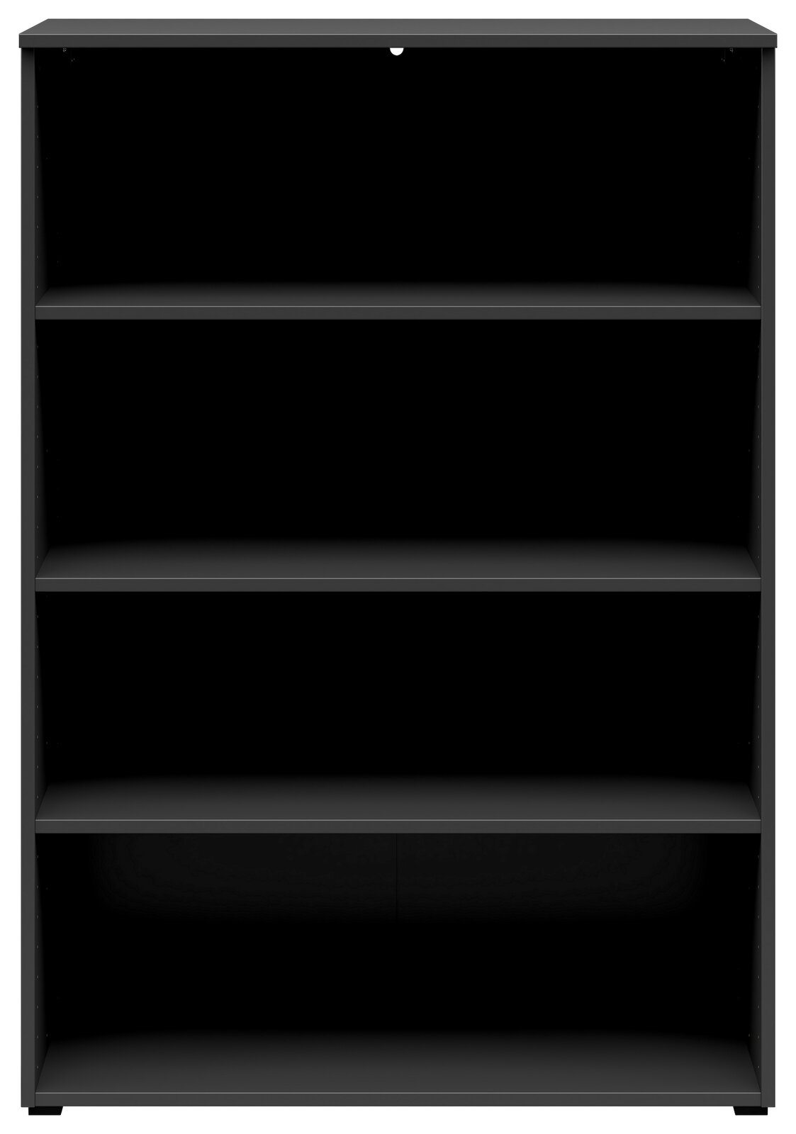 Schwarzes Regal mit vier Einlegeböden, frontale Ansicht
