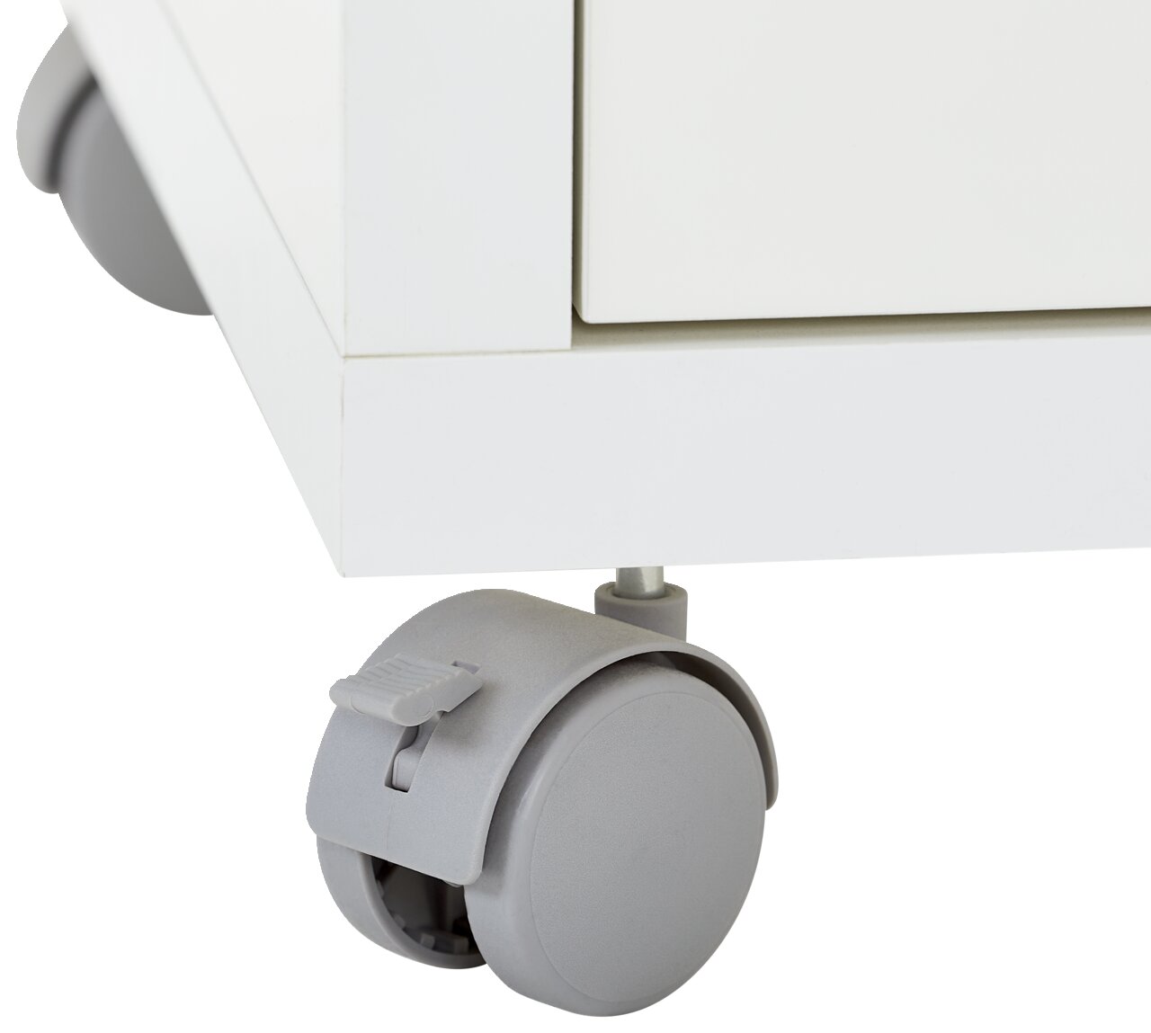 Nahaufnahme eines weißen Rollcontainers mit grauen Rollen, seitliche Perspektive