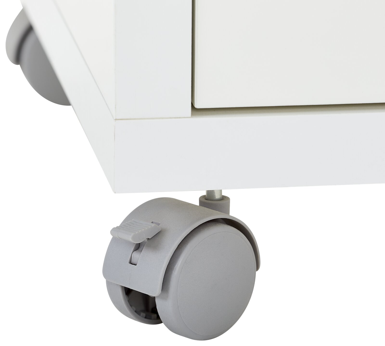 Nahaufnahme eines weißen Rollcontainers mit grauen Rollen, seitliche Perspektive