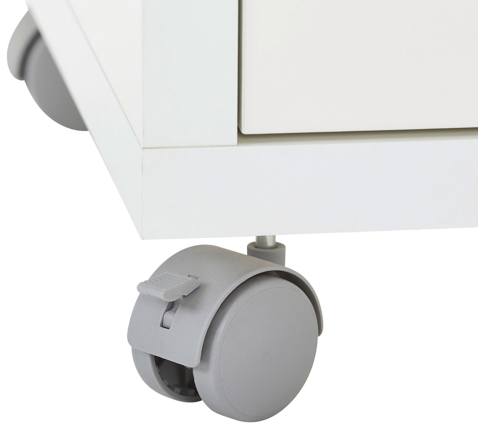 Nahaufnahme eines weißen Rollcontainers mit grauen Rollen, seitliche Perspektive