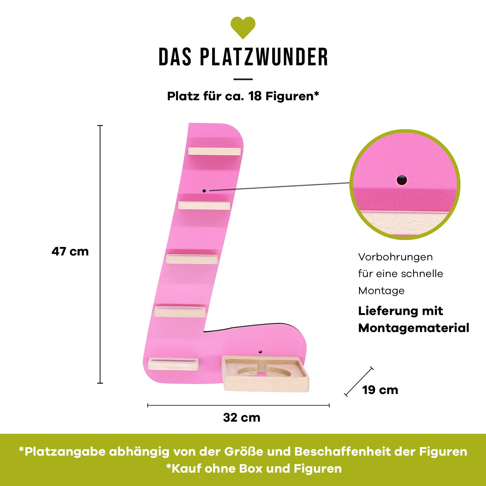 Pinkes, L-förmiges Wandregal/Display „Das Platzwunder“ für ca. 18 Figuren mit Holzablagen, Vorbohrungen und Montagematerial; Maße ca. 47 cm hoch, 32 cm breit, 19 cm tief, gezeigt in frontaler Produktansicht auf weißem Hintergrund.