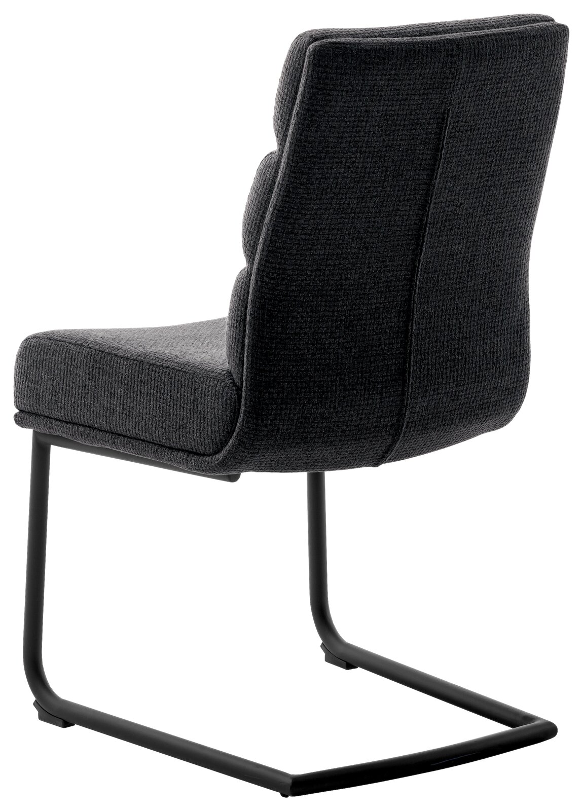 Rückansicht eines modernen Freischwinger-Stuhls mit grauem Stoffbezug und schwarzem Metallgestell.