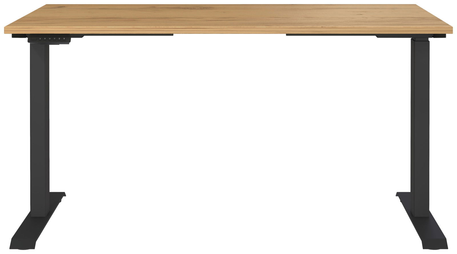 Moderner E-Schreibtisch mit Holzplatte und schwarzem Gestell, Frontalansicht