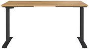 Moderner E-Schreibtisch mit Holzplatte und schwarzem Gestell, Frontalansicht