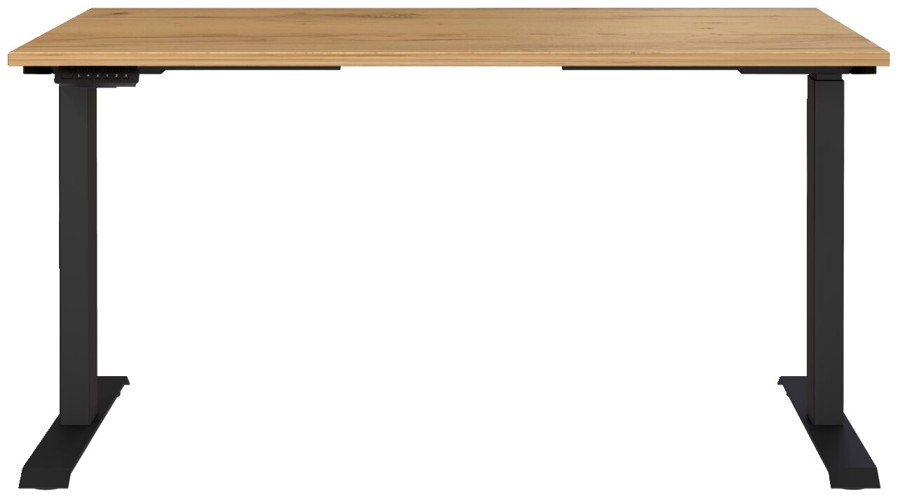 Moderner E-Schreibtisch mit Holzplatte und schwarzem Gestell, Frontalansicht