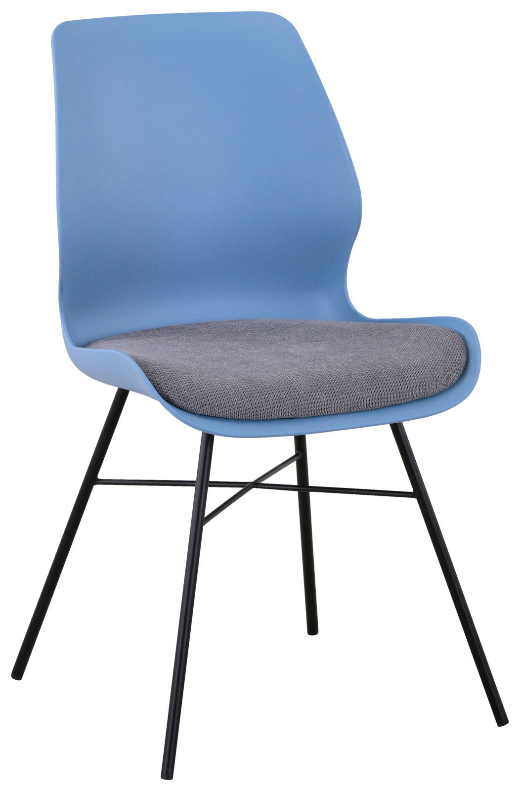 Moderner blauer Stuhl mit grauer Sitzfläche und schwarzen Metallbeinen, seitliche Perspektive
