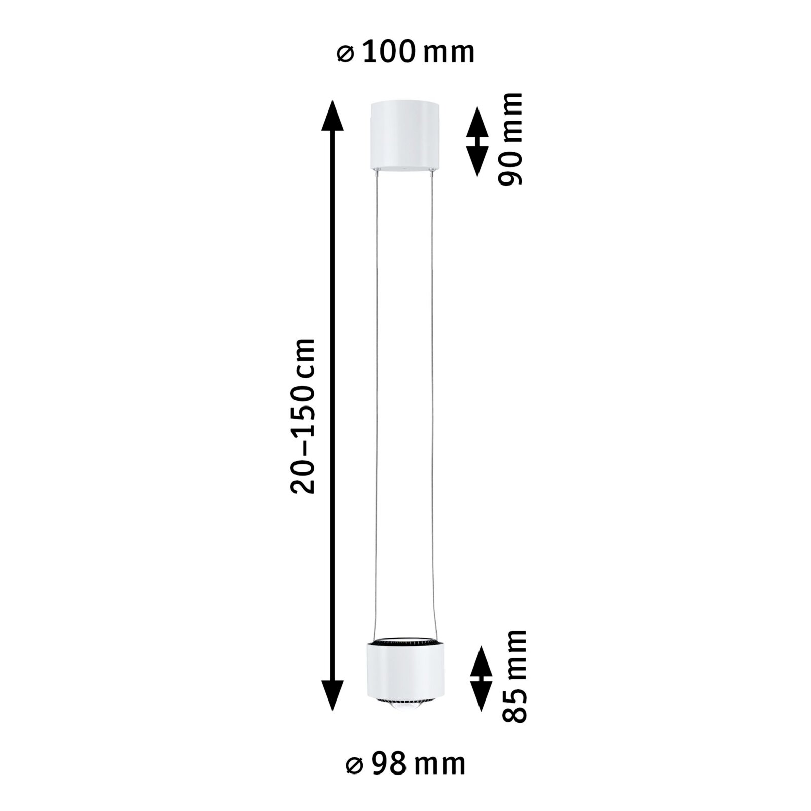 Aldan-pendelkorf, cilindrische vorm, witte kleur, zijaanzicht, afmetingen: hoogte 20-150 cm, diameter 100 mm en 98 mm.