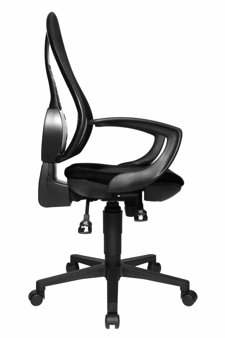 Moderne zwarte draaistoel met ergonomische rugleuning en armleuningen, zijaanzicht.