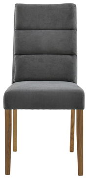 Grauer Stuhl mit gepolsterter Rückenlehne und Holzbeinen, Frontalansicht