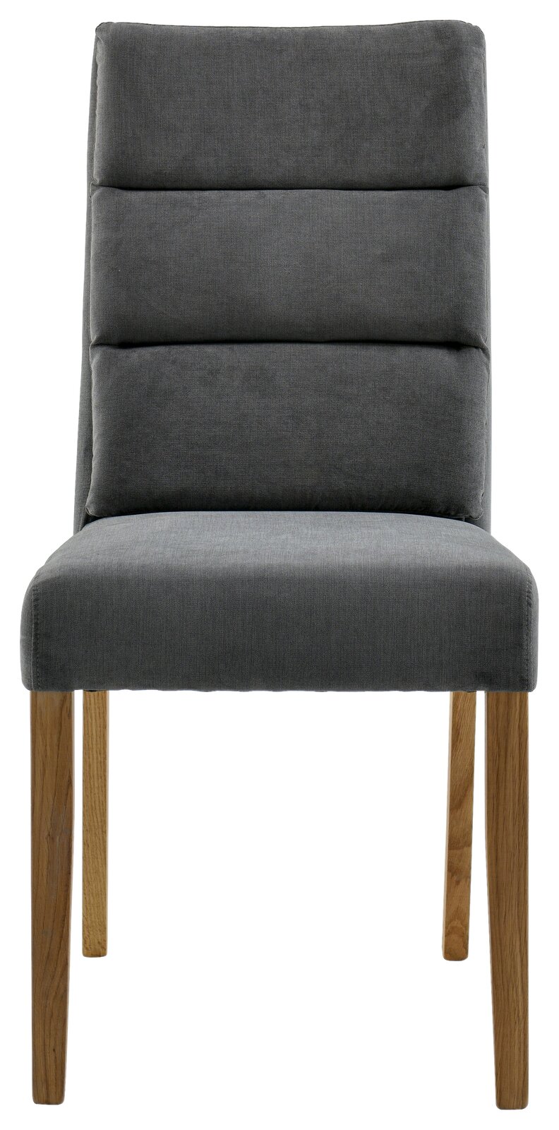 Grauer Stuhl mit gepolsterter Rückenlehne und Holzbeinen, Frontalansicht