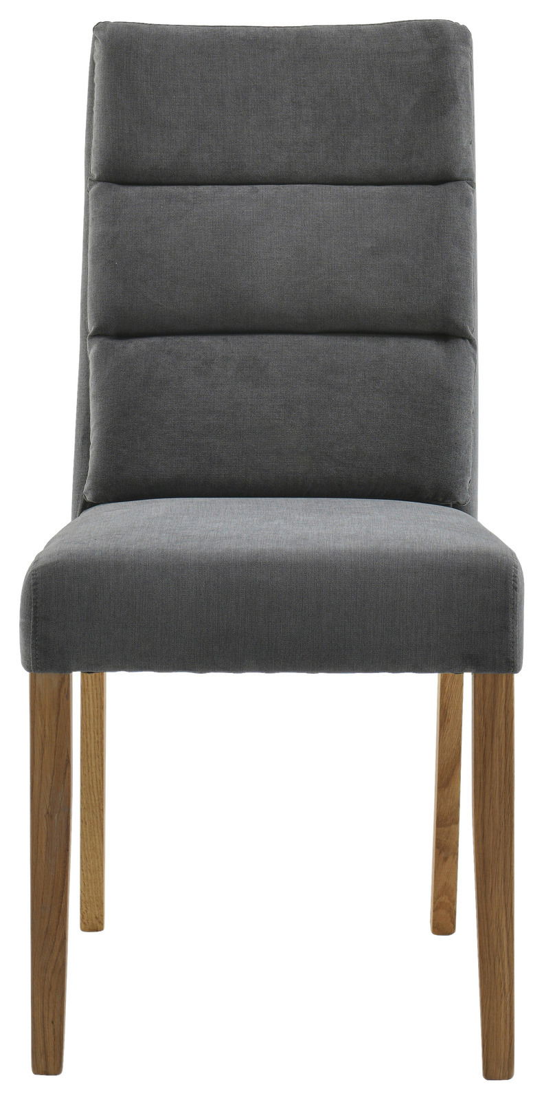 Grauer Stuhl mit gepolsterter Rückenlehne und Holzbeinen, Frontalansicht