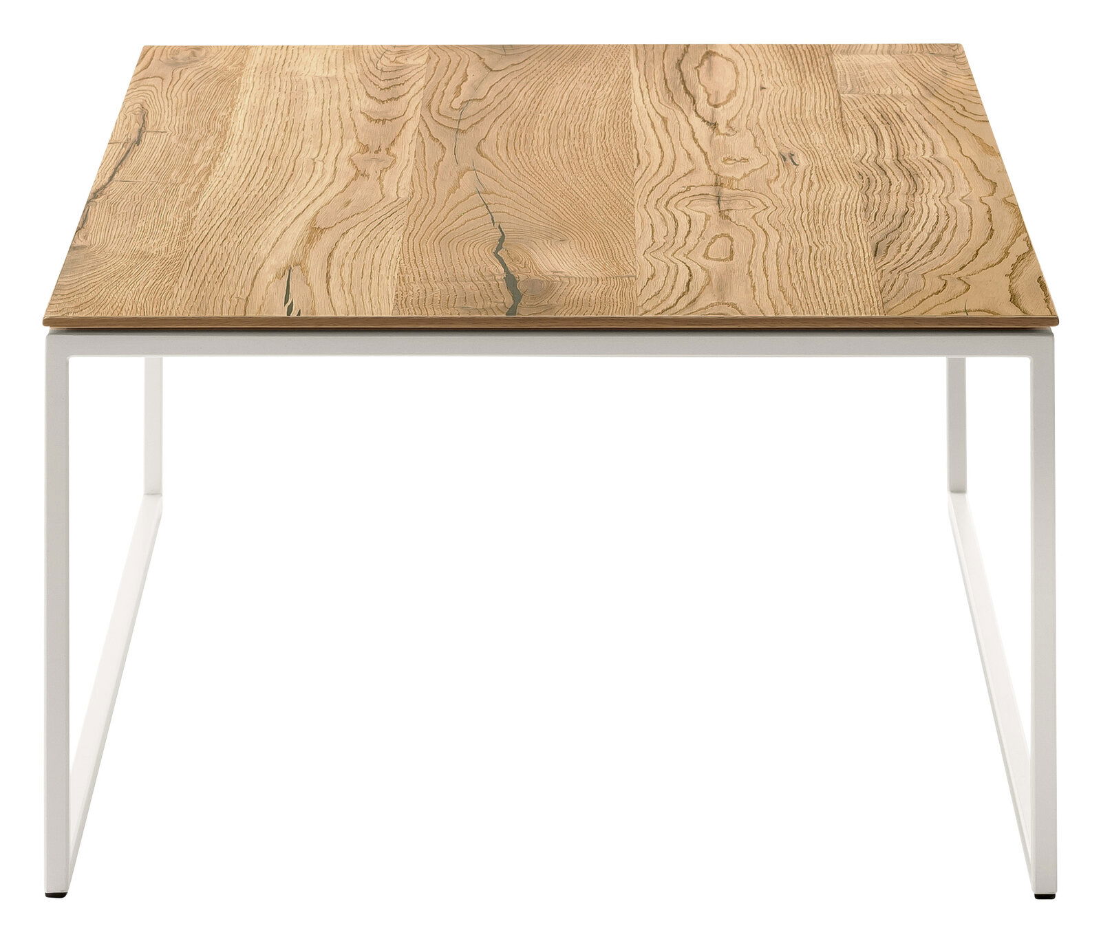 Moderner Couchtisch mit Holzplatte und weißem Metallgestell, Frontalansicht