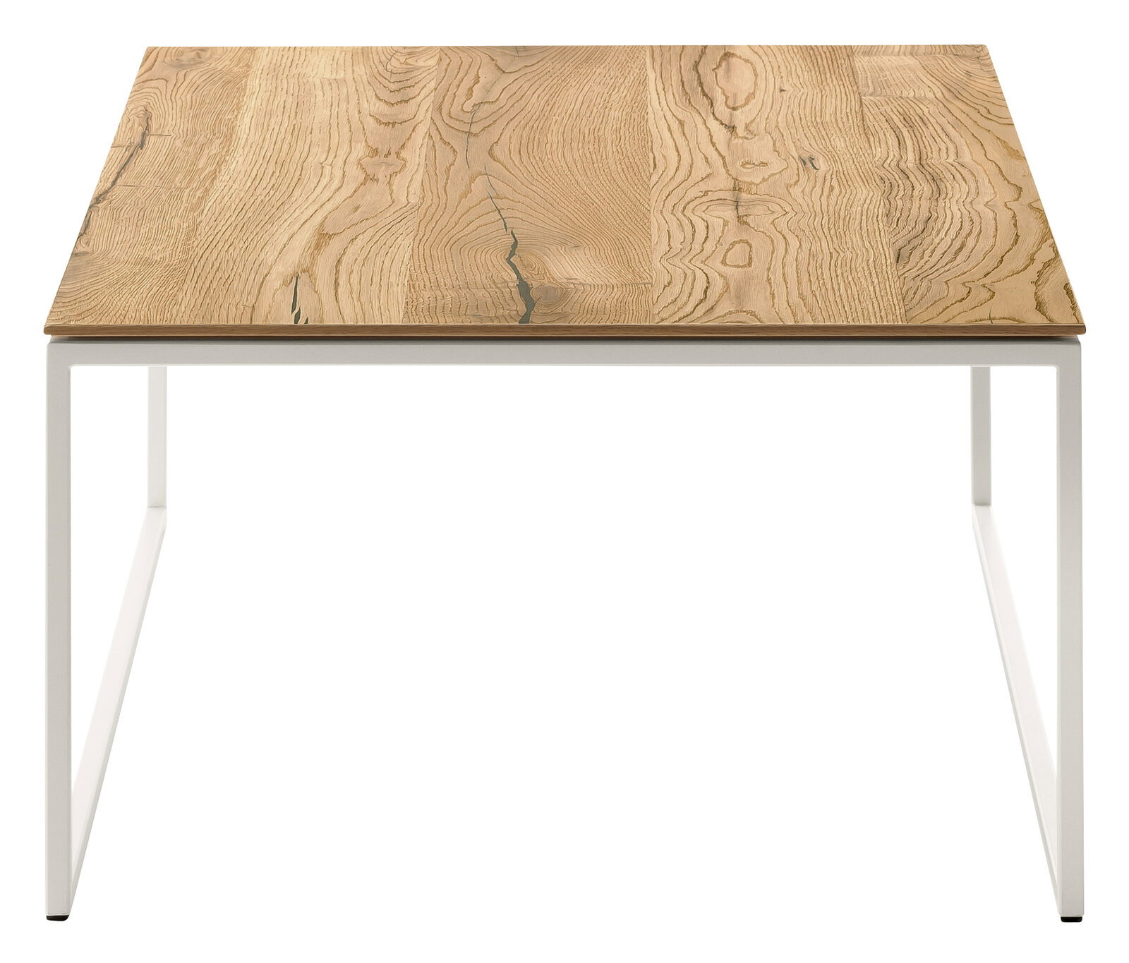 Moderner Couchtisch mit Holzplatte und weißem Metallgestell, Frontalansicht