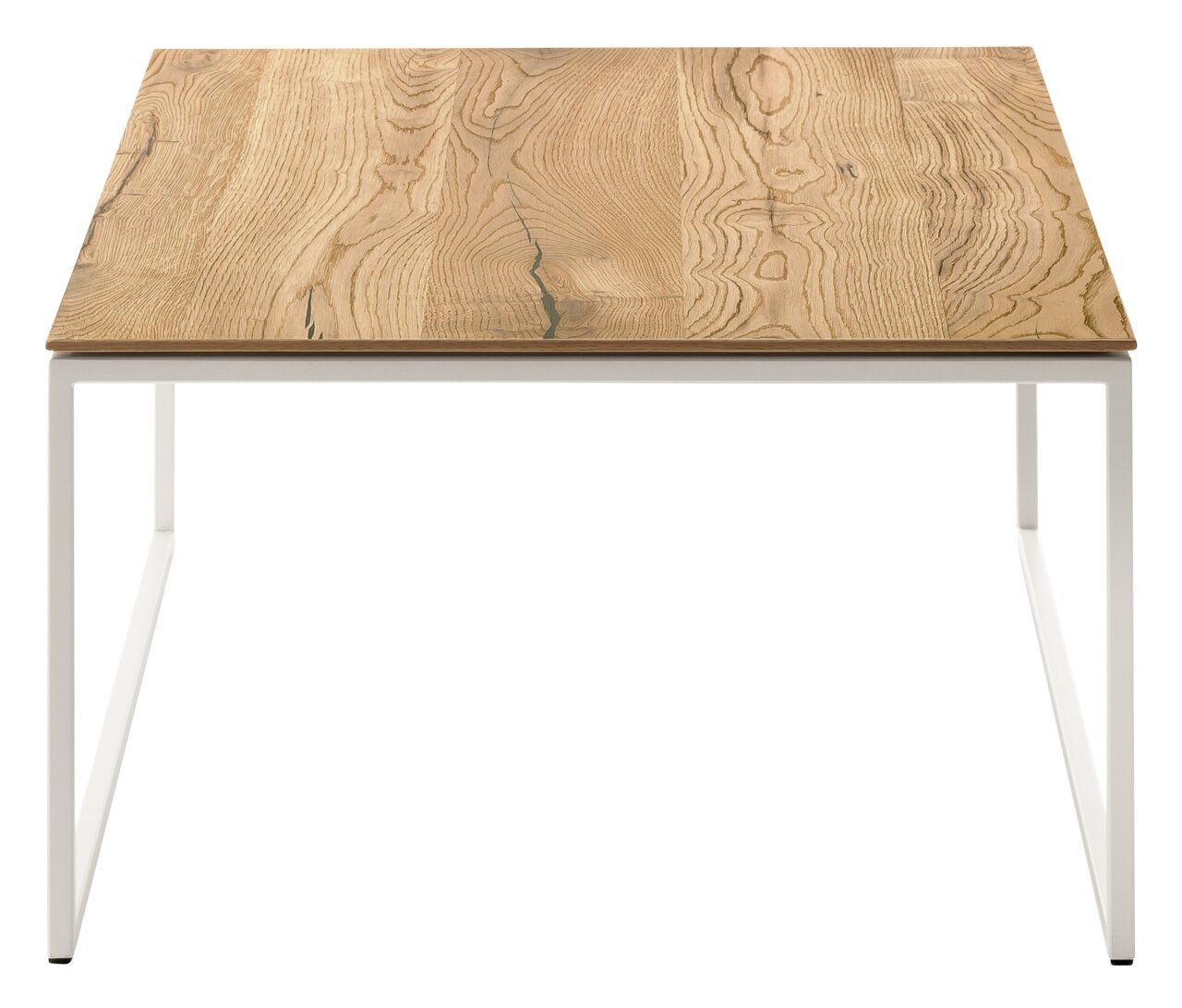 Moderner Couchtisch mit Holzplatte und weißem Metallgestell, Frontalansicht