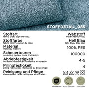 Nahaufnahme (Detailansicht von oben) eines hellblauen Webstoffs; Stoffdetail_085, Material 100% PES, Scheuertouren 100000, Abriebfestigkeit 4–5, Pillingfestigkeit 4, Pflegehinweise und Siegel OEKO-TEX Standard 100, REACH conform, Easy Clean.