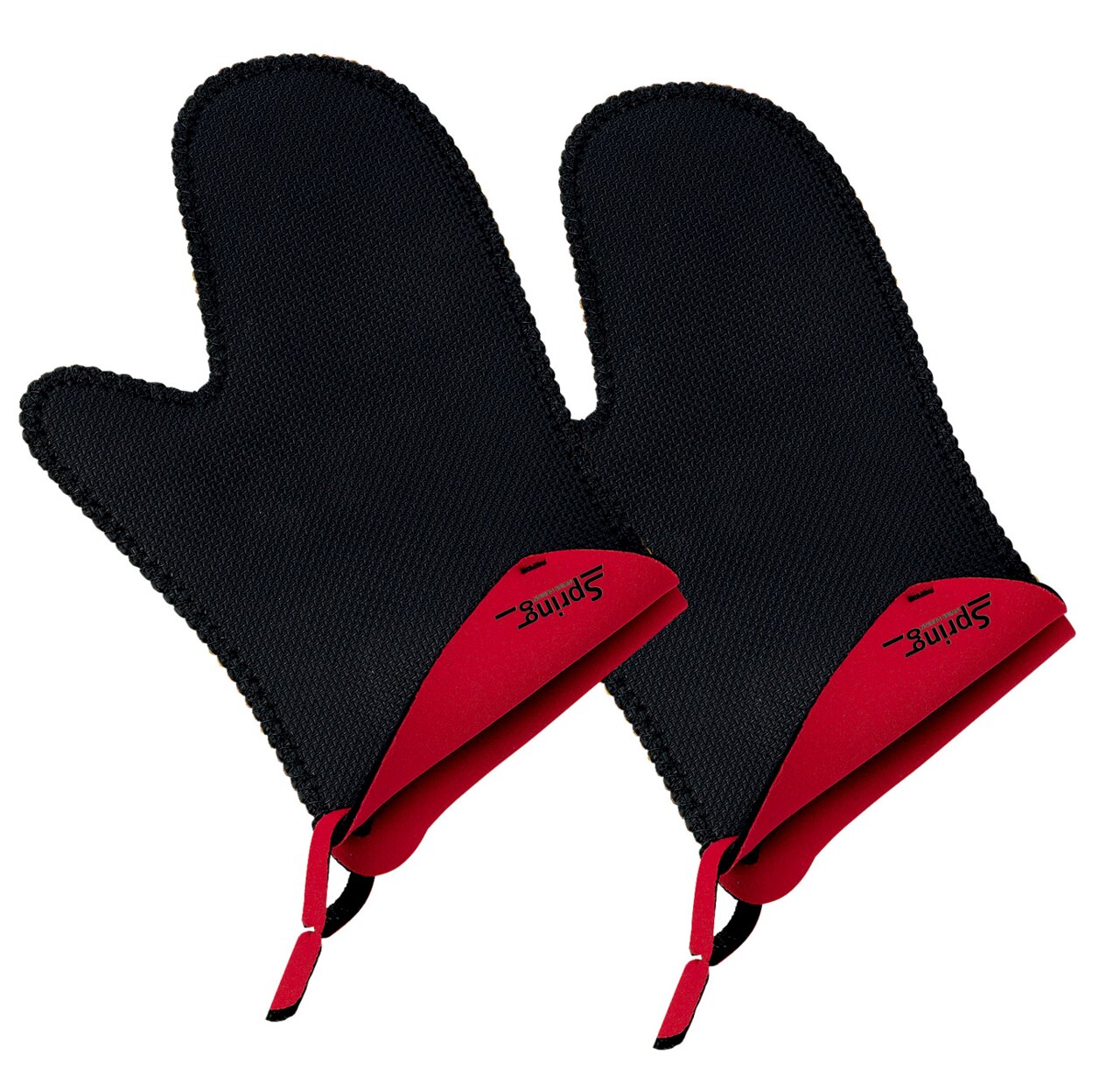 Zwei schwarze kurze Handschuhe mit rotem Rand, von oben betrachtet.