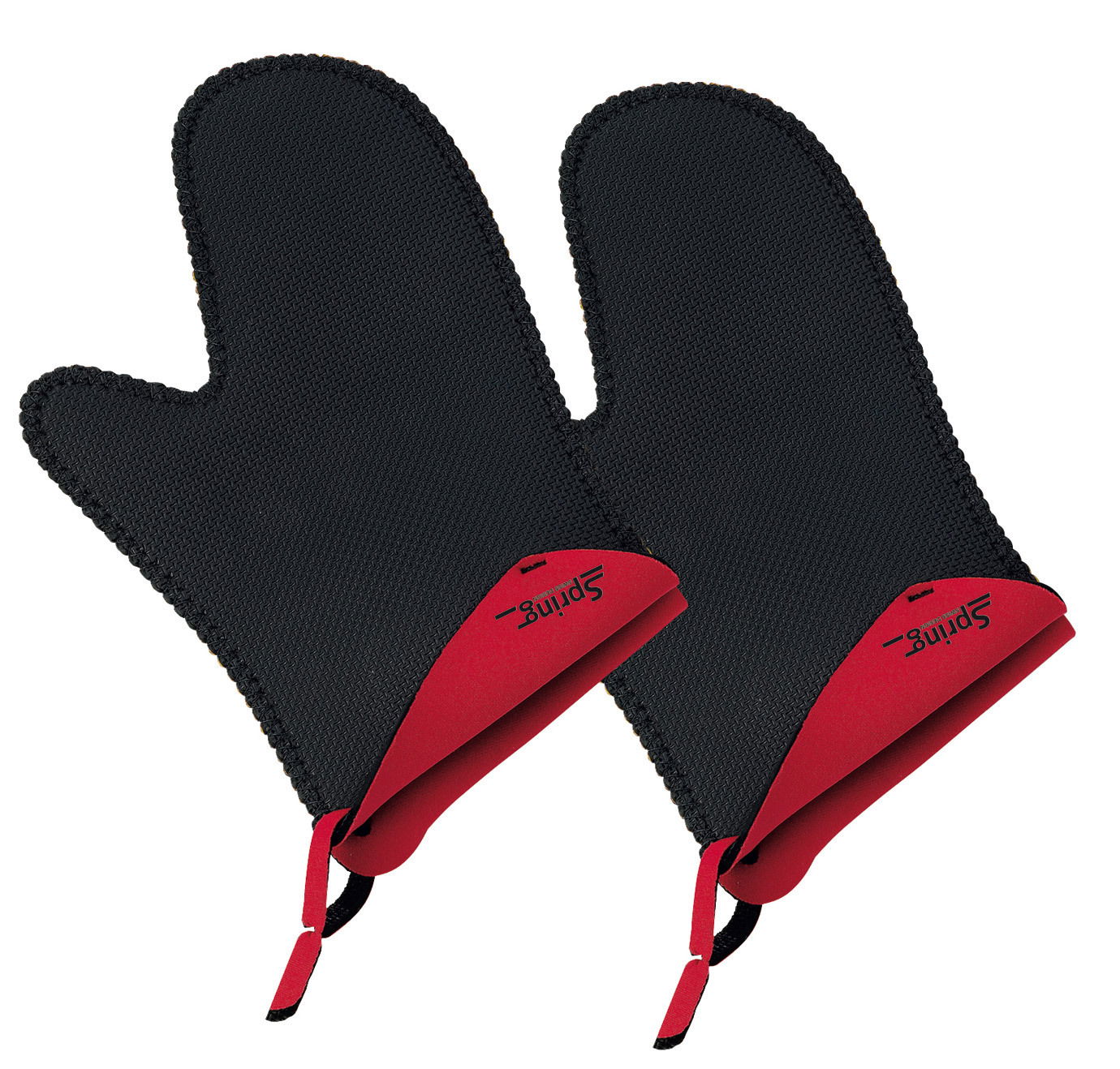 Zwei schwarze kurze Handschuhe mit rotem Rand, von oben betrachtet.