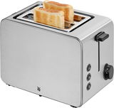 Silberner WMF Stelio Toaster Edition mit zwei getoasteten Brotscheiben, seitliche Perspektive