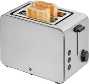 Silberner WMF Stelio Toaster Edition mit zwei getoasteten Brotscheiben, seitliche Perspektive