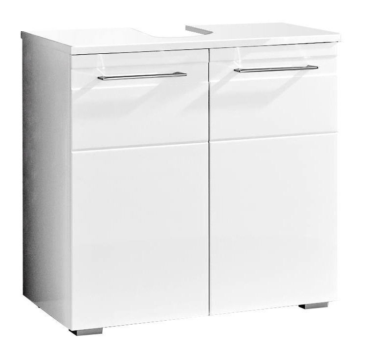 Moderner weißer Waschbeckenunterschrank mit zwei Türen und Metallgriffen, Frontalansicht