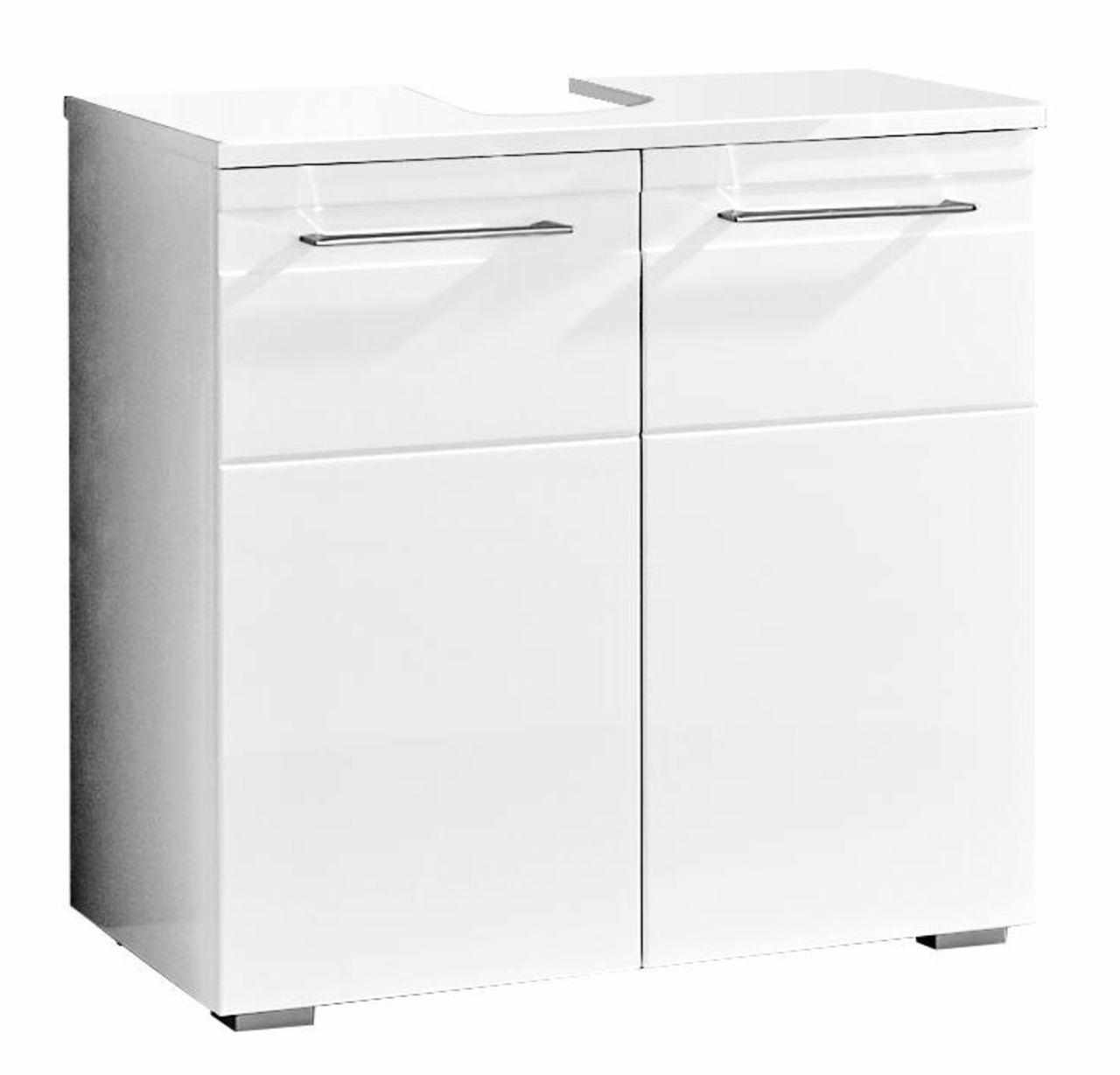 XORA Waschbeckenunterschrank DORIA Moderner weißer Waschbeckenunterschrank mit zwei Türen und Metallgriffen, Frontalansicht