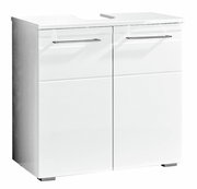 Moderner weißer Waschbeckenunterschrank mit zwei Türen und Metallgriffen, Frontalansicht