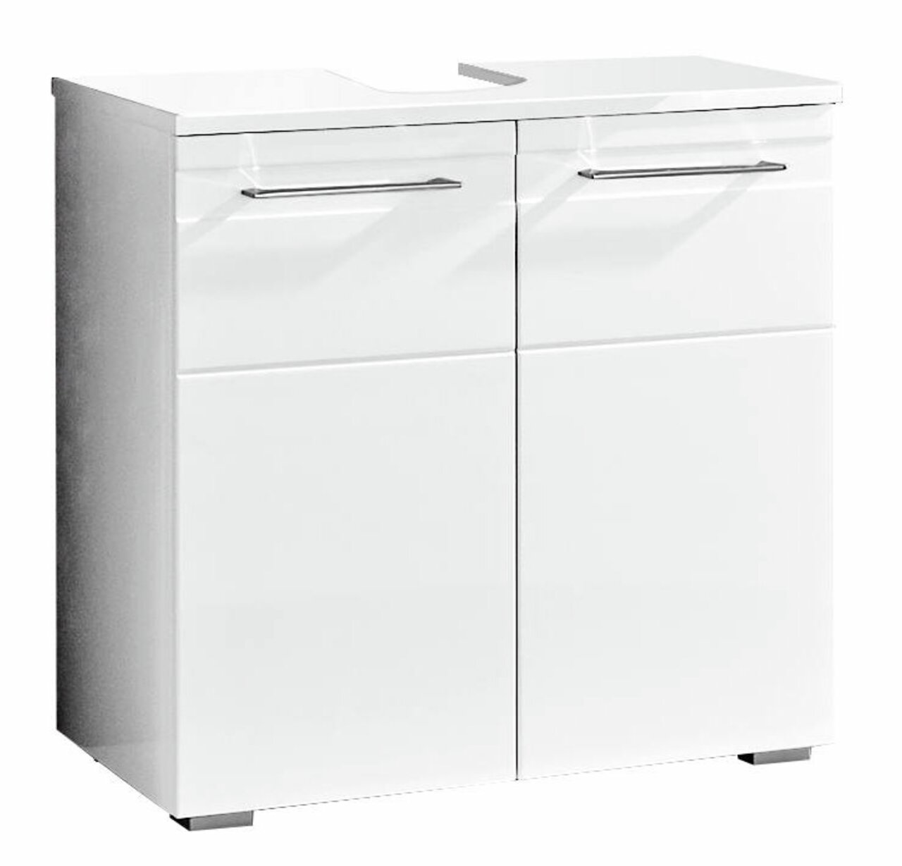 Moderner weißer Waschbeckenunterschrank mit zwei Türen und Metallgriffen, Frontalansicht