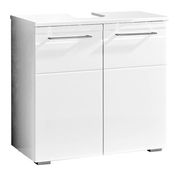 Moderner weißer Waschbeckenunterschrank mit zwei Türen und Metallgriffen, Frontalansicht