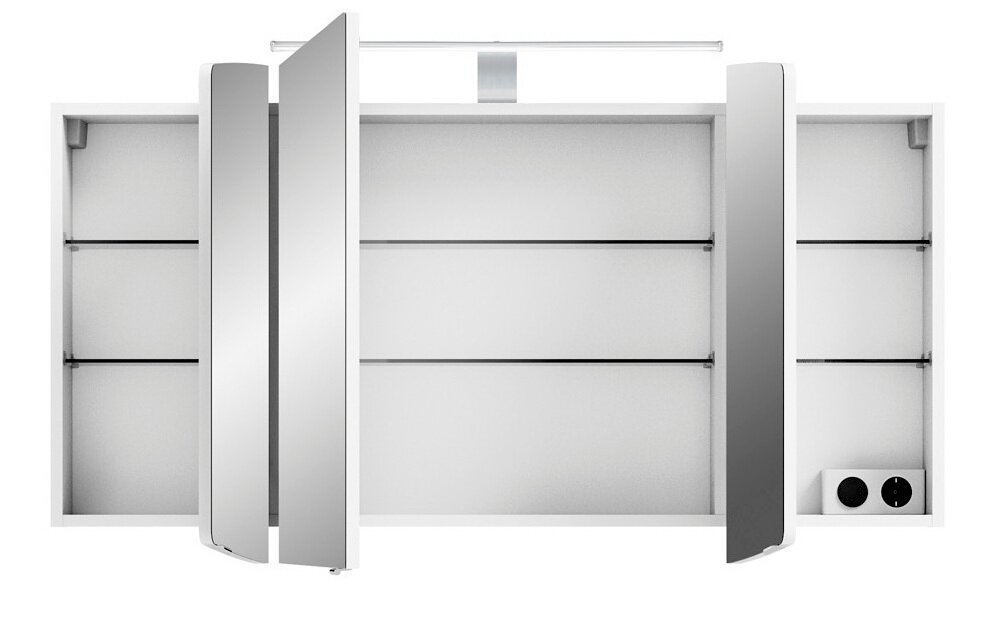 Pelipal Spiegelschrank CASSCA SPRINT Spiegelschrank mit drei Türen, teilweise geöffnet, mit integrierter Beleuchtung und Steckdose, Ansicht von vorne