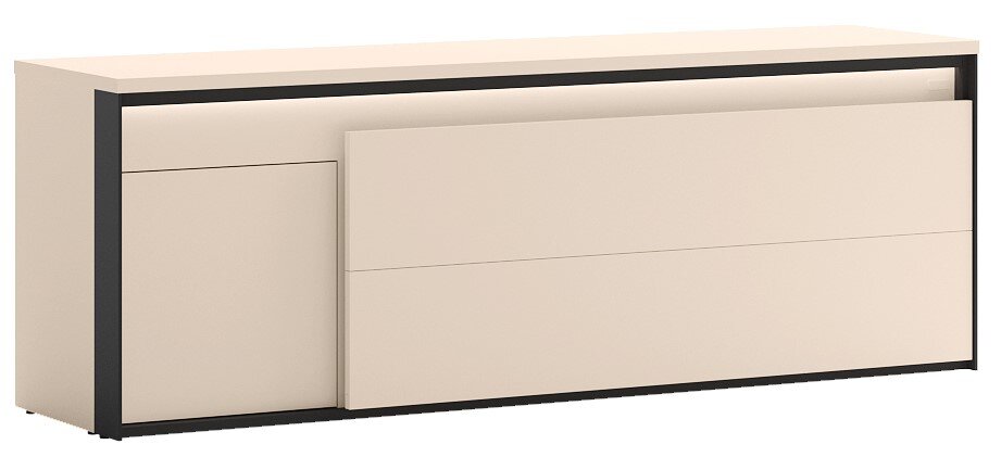 Moderne beige tv-meubel met zwarte omlijsting, links een kastdeur en rechts twee brede lades, getoond in schuin vooraanzicht tegen witte achtergrond.