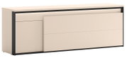 Moderne beige tv-meubel met zwarte omlijsting, links een kastdeur en rechts twee brede lades, getoond in schuin vooraanzicht tegen witte achtergrond.