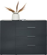 Moderne Kombikommode in dunklem Grau mit vier Schubladen und einer Tür, dekoriert mit einer Vase und getrockneten Gräsern, Frontalansicht.