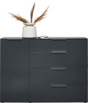 Moderne Kombikommode in dunklem Grau mit vier Schubladen und einer Tür, dekoriert mit einer Vase und getrockneten Gräsern, Frontalansicht.