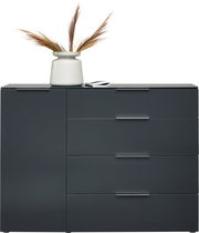 Moderne Kombikommode in dunklem Grau mit vier Schubladen und einer Tür, dekoriert mit einer Vase und getrockneten Gräsern, Frontalansicht.