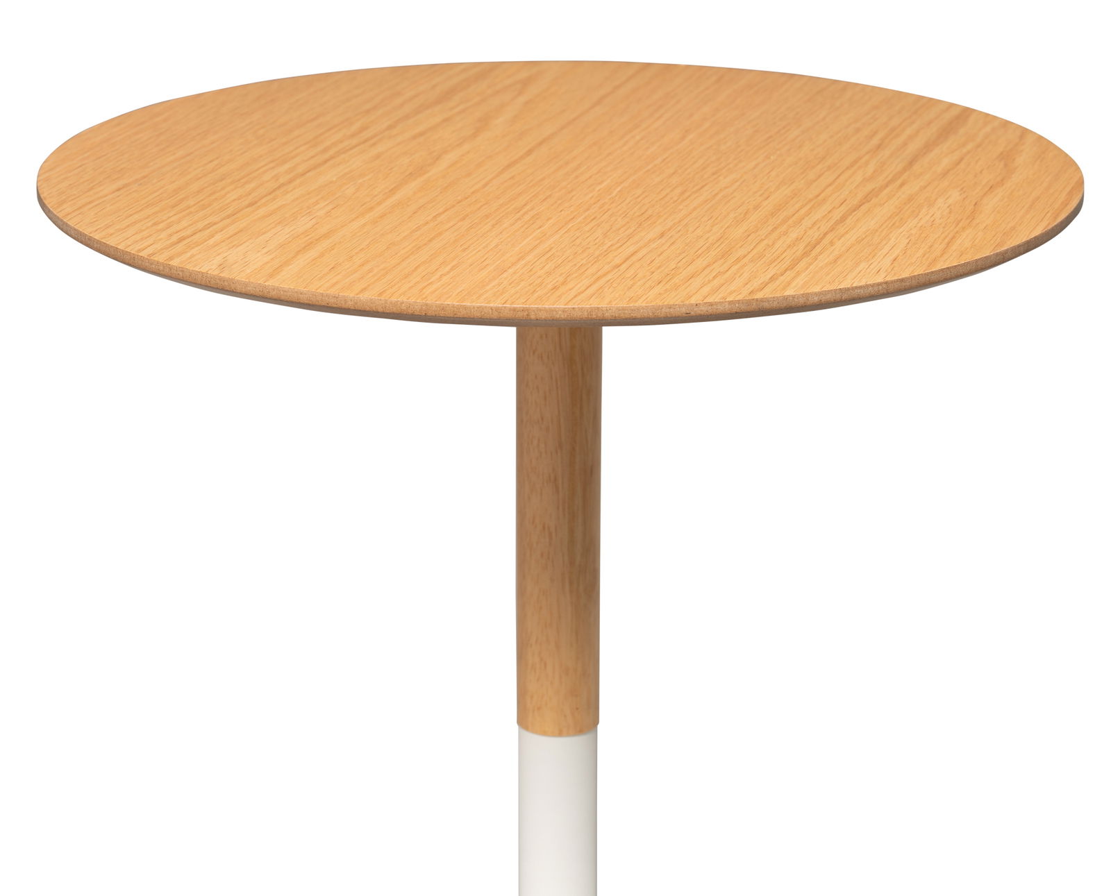 Runder Beistelltisch aus Holz mit weißem Metallfuß, seitliche Perspektive