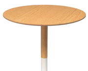 Runder Beistelltisch aus Holz mit weißem Metallfuß, seitliche Perspektive