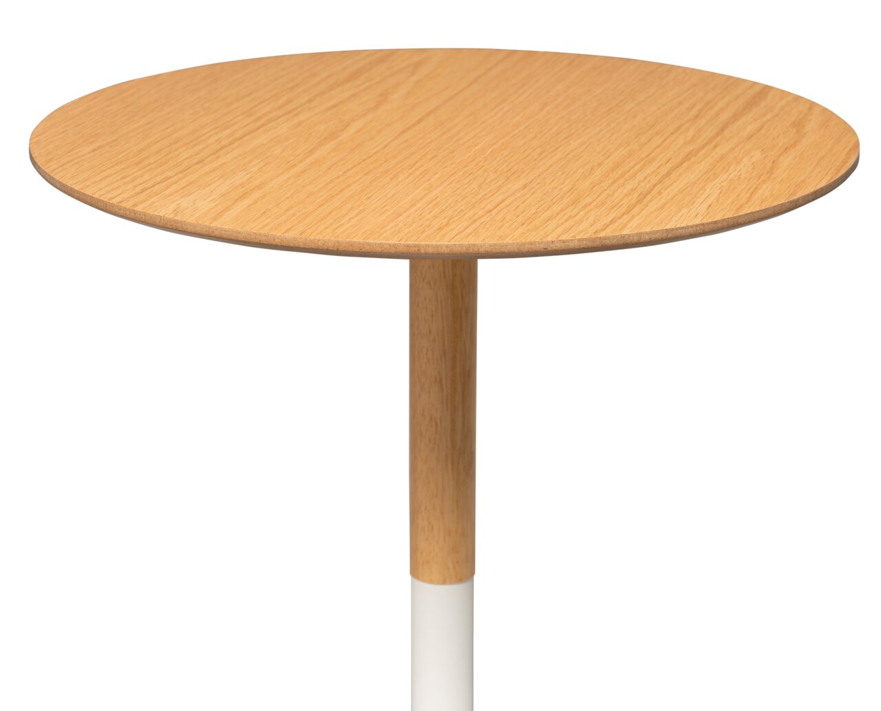 Runder Beistelltisch aus Holz mit weißem Metallfuß, seitliche Perspektive