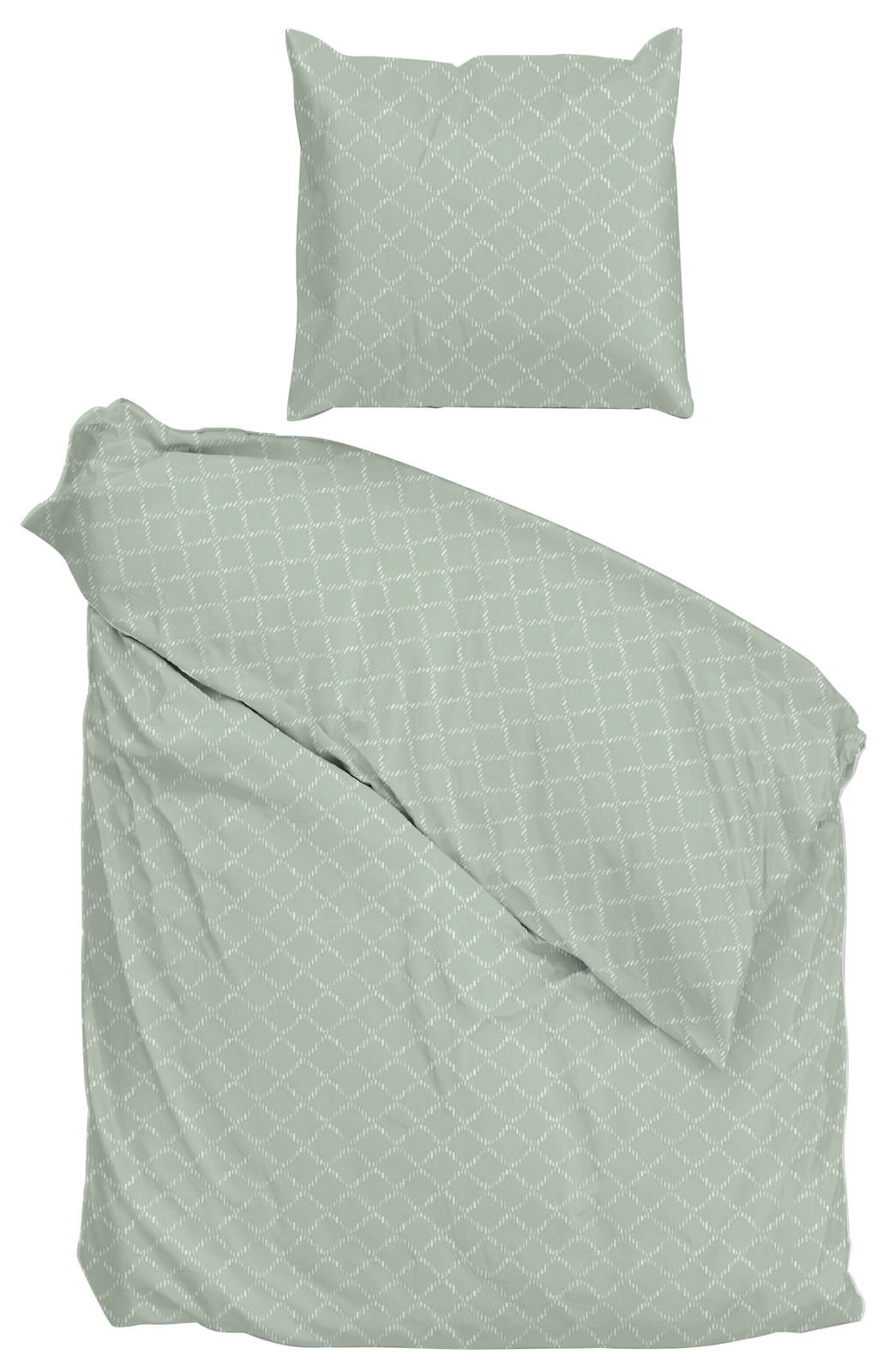 Bettwäsche-Set in sanftem Grün mit geometrischem Muster, Draufsicht