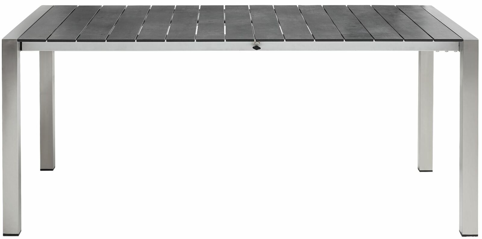 Moderner Ausziehtisch mit Metallgestell und dunkler Tischplatte, Frontalansicht