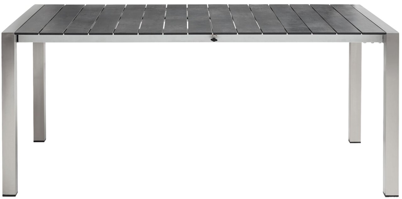 Moderne uitschuifbare tafel met metalen onderstel en donker tafelblad, vooraanzicht