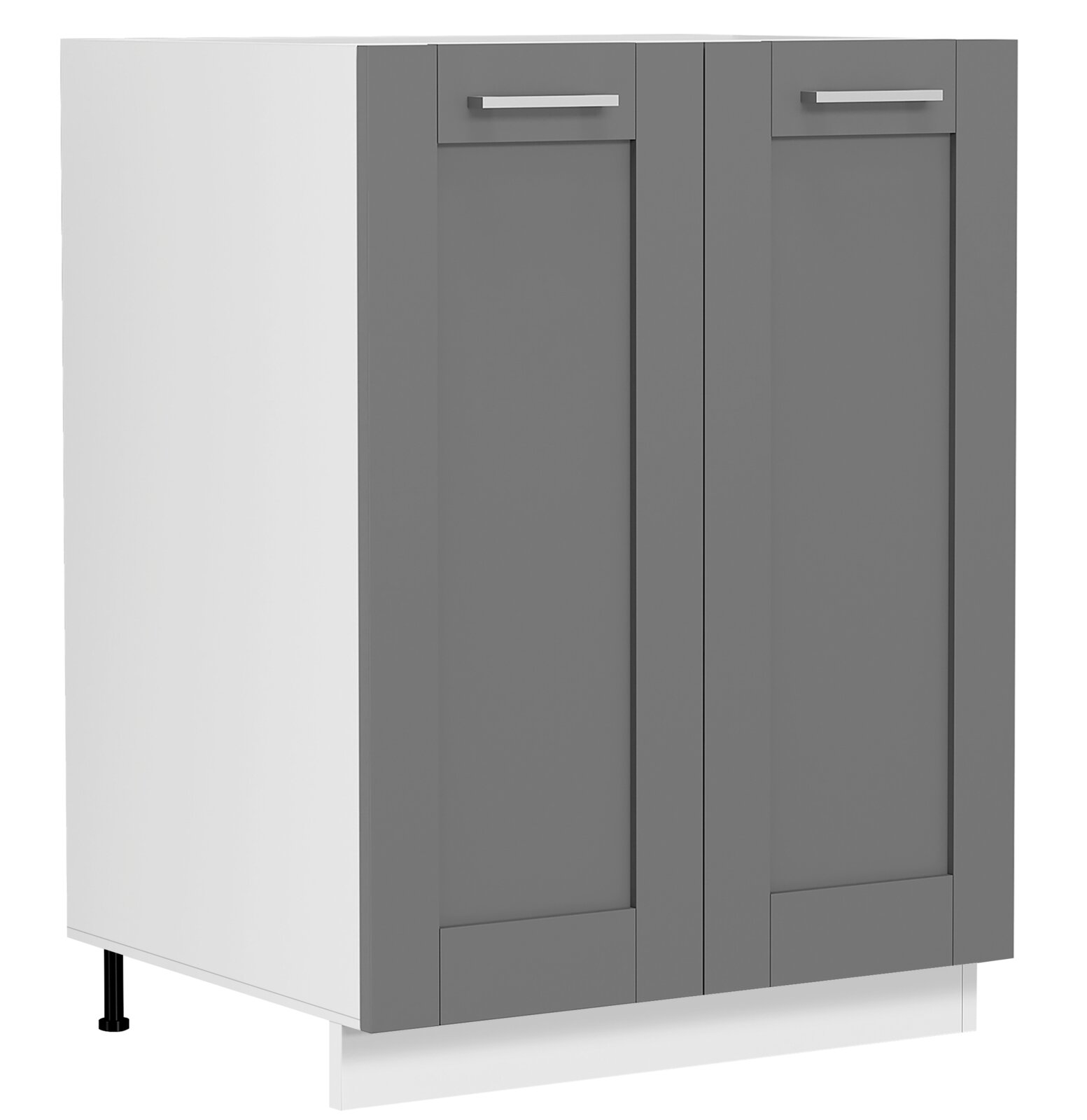 VCM Unterschrank 60 cm COLURA Grauer Unterschrank mit zwei Türen und silbernen Griffen, auf schwarzen Füßen, freigestellt vor weißem Hintergrund, Ansicht schräg von vorne