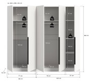 Weißer Kleiderschrank mit drei Türen, geöffnet und mit Maßangaben (ca. 200 x 180 x 52 cm) sowie Fachhöhen und Belastbarkeit, Frontansicht.