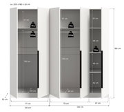 Weißer Kleiderschrank mit drei Türen, geöffnet und mit Maßangaben (ca. 200 x 180 x 52 cm) sowie Fachhöhen und Belastbarkeit, Frontansicht.